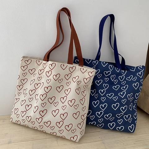 Canvas Tote Bag Hartenprint Grote Capaciteit Ritssluiting Minimalistische Stijl Schoudertas Handtas Voor Dames Studenten
