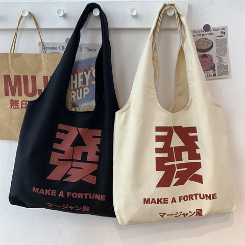 Canvas Einkaufstasche Mahjong Glücksschriftzug Große Kapazität Japanischer Stil Schultertasche Damen Student
