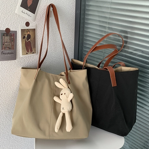 Borsa Tote In Nylon Da Donna Grande Capacità Borsa A Spalla Impermeabile Minimalista Con Ciondolo A Coniglio E Scomparti