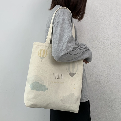 Canvas Tote Bag Women Large Capacity Hot Air Balloon Print Shoulder Handbag For School Campus Daily Zipper Closure Soft