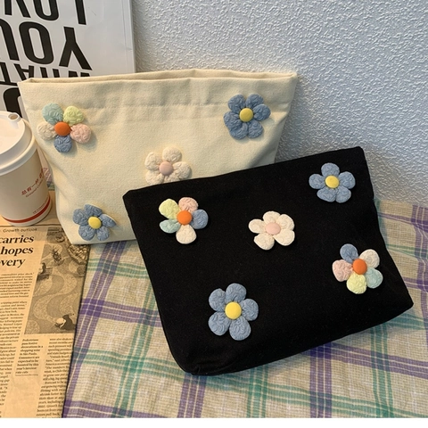 Borsa Trucco In Tela Con Decorazione Floreale 3D Grande Capacità Pochette Cosmetica Da Viaggio Portatile Con Cerniera