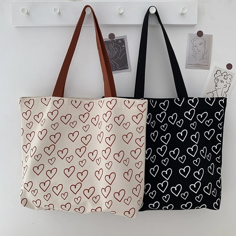 Canvas Tote Bag Hartenprint Grote Capaciteit Ritssluiting Minimalistische Stijl Schoudertas Handtas Voor Dames Studenten