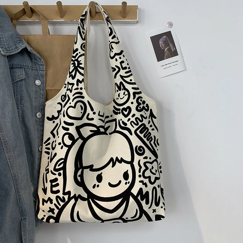 Canvas Tragetasche Cartoon Doodle Druck Große Kapazität Schulter Handtasche Lässige Einkaufen Schule Student Japanischen Harajuku Stil