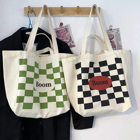 Bolso Tote De Lona Con Estampado De Damero Gran Capacidad Bolso De Hombro Casual Estilo Retro Mujeres