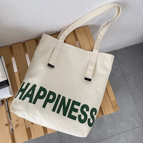 Canvas Tote Bag Große Kapazität Minimalistischer Japanischer Stil Happiness Buchstabendruck Schulterhandtasche Für Frauen