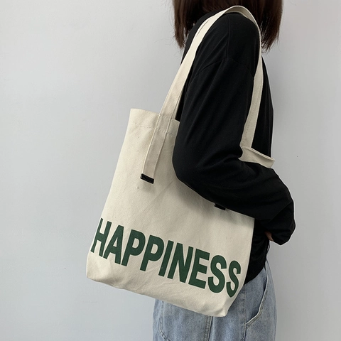 Canvas Tote Bag Große Kapazität Minimalistischer Japanischer Stil Happiness Buchstabendruck Schulterhandtasche Für Frauen