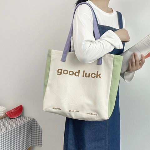 Women Color Block Canvas Tote Bag Large Capacity Letter Print Casual Shoulder Handbag Magnetic Closure