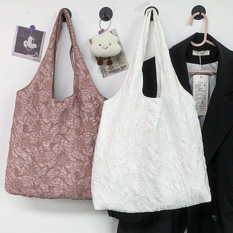 Women Jacquard Floral Tote Bag Large Capacity Relief Flower Pattern Polyester Shoulder Handbag Casual Commuter