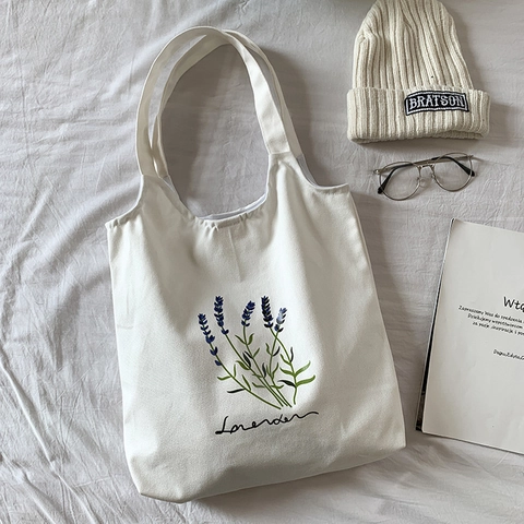 Ästhetische Lavendel Stickerei Leinwand Tragetasche Für Frauen Große Kapazität Schulterhandtasche Mit Magnetverschluss Literarischer Stil