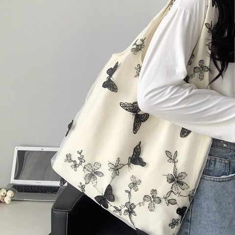 Large Capacity Canvas Tote Bag Embroidery Butterfly Lace Mesh Double Layer Aesthetic Shoulder Bag Women Casual Travel
