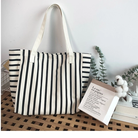 Borsa Tote In Tela A Righe Grande Capacità Nero E Bianco Borsa A Spalla Minimalista Con Chiusura Magnetica