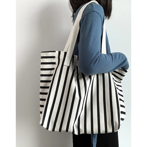 Borsa Tote In Tela A Righe Grande Capacità Nero E Bianco Borsa A Spalla Minimalista Con Chiusura Magnetica