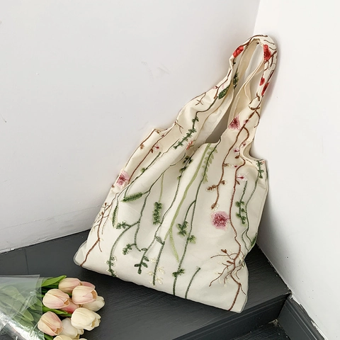 Floral Embroidered Canvas Tote Bag Large Capacity Mesh Overlay Shoulder Handbag Women Vacation Beach Travel
