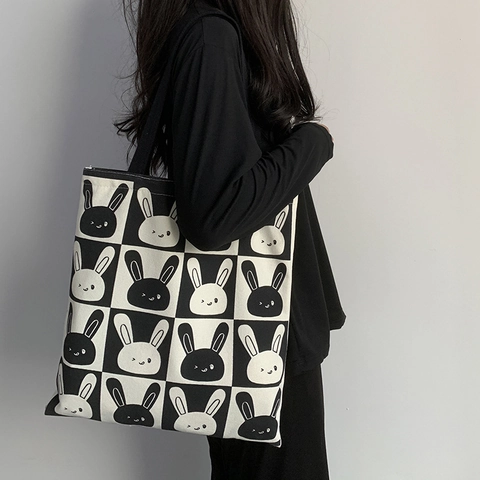 Kawaii Cartoon Hase Schachbrett Muster Canvas Tote Bag Große Kapazität Schultertasche Mit Reißverschluss Für Schule Alltag