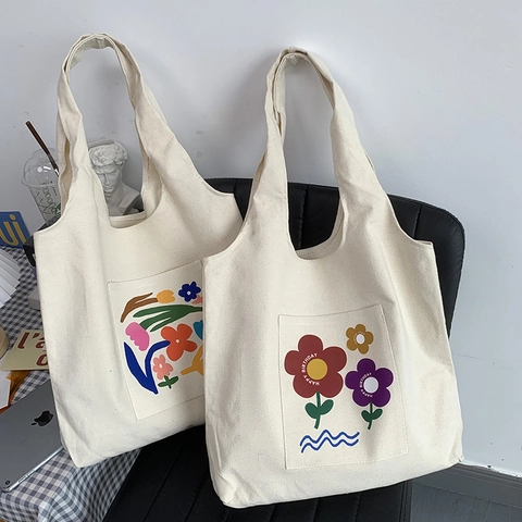 Canvas Draagtas Grote Capaciteit Handtas Met Voorvak Bloemen Beer Print Literaire Frisse Stijl Voor Dames Student