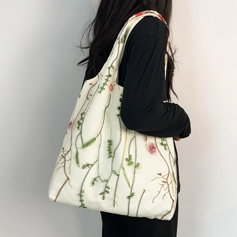 Floral Embroidered Canvas Tote Bag Large Capacity Mesh Overlay Shoulder Handbag Women Vacation Beach Travel