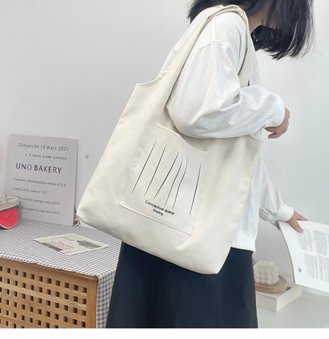 Bolso Tote De Lona Gran Capacidad Minimalista Color Crema Bolso De Hombro Bolsillo Delantero Viaje Compras Mujeres