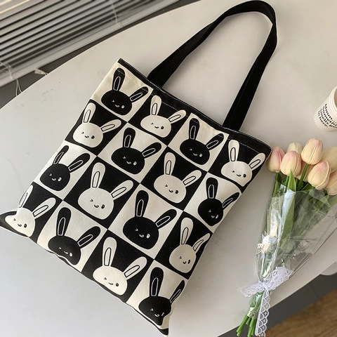 Kawaii Cartoon Hase Schachbrett Muster Canvas Tote Bag Große Kapazität Schultertasche Mit Reißverschluss Für Schule Alltag