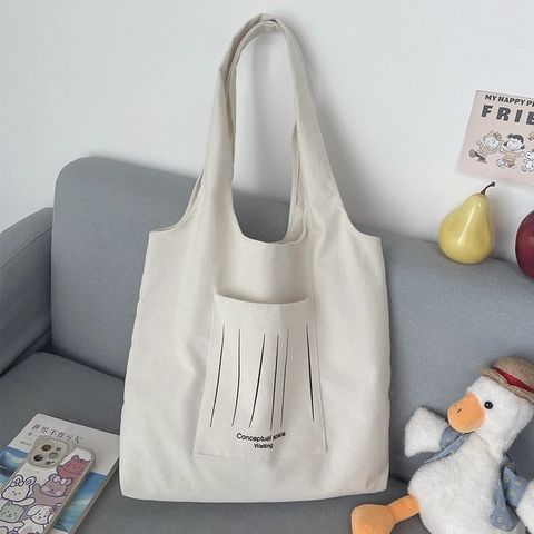 Bolso Tote De Lona Gran Capacidad Minimalista Color Crema Bolso De Hombro Bolsillo Delantero Viaje Compras Mujeres