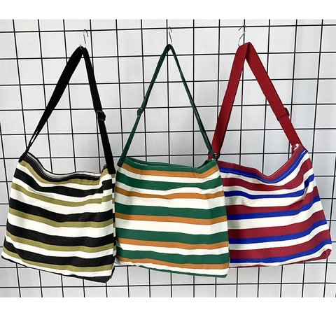 Canvas Striped Crossbody Bag Large Capacity Adjustable Strap Tote Shoulder Bag Zipper Casual Shopping For Women