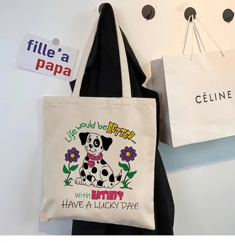 Süße Dalmatiner Hund Grafik Canvas Tote Bag Mit Reißverschluss Große Kapazität Blumige Ästhetik Umhängetasche Für Frauen