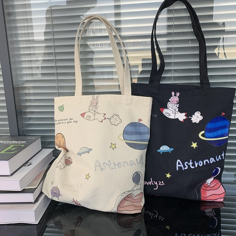 Canvas Tragetasche Damen Mit Cartoon Print Große Kapazität Schultertasche Reißverschluss Lässig Alltag Student