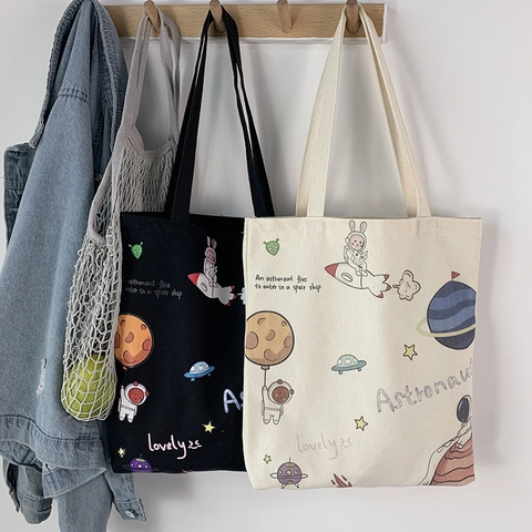 Canvas Tragetasche Damen Mit Cartoon Print Große Kapazität Schultertasche Reißverschluss Lässig Alltag Student