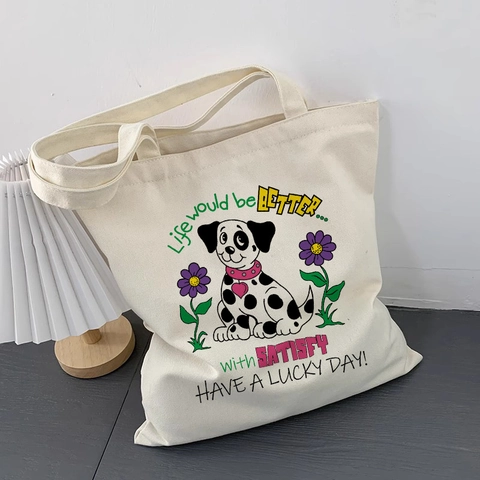 Süße Dalmatiner Hund Grafik Canvas Tote Bag Mit Reißverschluss Große Kapazität Blumige Ästhetik Umhängetasche Für Frauen