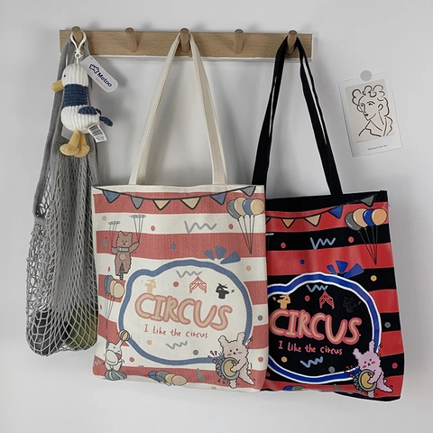 Cartoon Zirkus Print Canvas Tote Bag Gestreift Große Kapazität Schulterhandtasche Für Frauen Studenten Lässig Reißverschluss