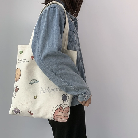 Bolso Tote De Lona Estampado Dibujos Animados Gran Capacidad Bolso De Hombro Cierre De Cremallera Lindo Para Mujeres