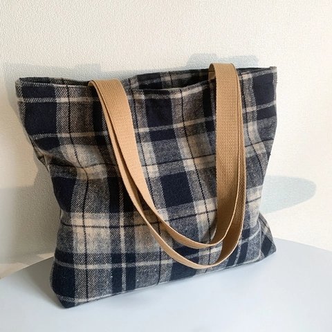 Borsa Tote Vintage In Lana A Quadri Grande Capacità Cerniera Borsa A Spalla Da Donna Quotidiana Autunno Inverno