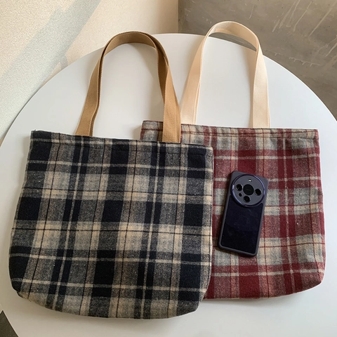 Borsa Tote Vintage In Lana A Quadri Grande Capacità Cerniera Borsa A Spalla Da Donna Quotidiana Autunno Inverno