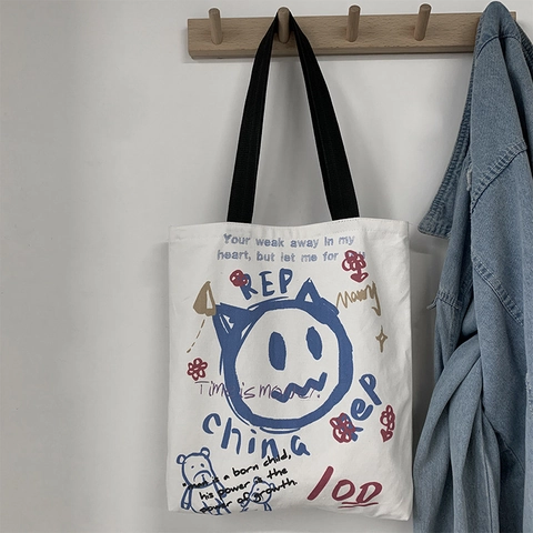 Canvas Tote Bag Große Kapazität Graffiti Druck Reißverschluss Schultertasche Japanischer Stil Für Frauen Studenten