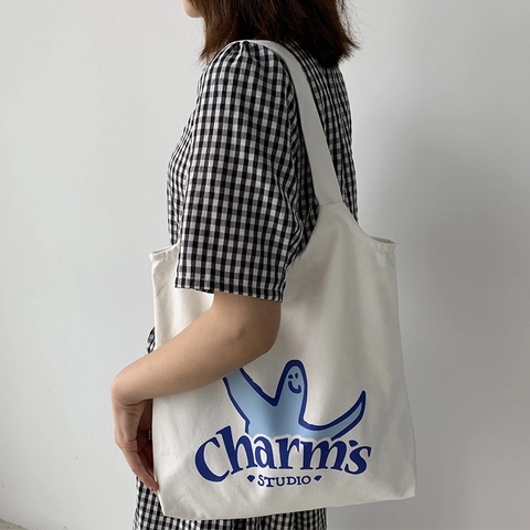 Baumwolle Canvas Tragetasche Cartoon Druck Große Kapazität Lässige Schultertasche Für Reisen Studenten Einkaufen