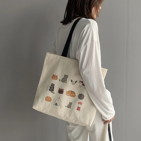 Borsa Tote In Tela Grande Da Donna Simpatica Stampa Gatto Cartone Animato Cerniera Borsa A Tracolla Stile Giapponese