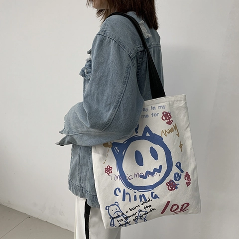 Canvas Tote Bag Große Kapazität Graffiti Druck Reißverschluss Schultertasche Japanischer Stil Für Frauen Studenten