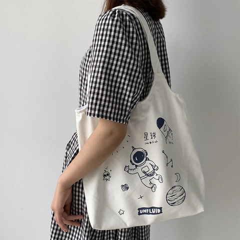 Astronaut Weltraum Planet Druck Leinwand Einkaufstasche Große Kapazität Harajuku Student Schultertasche Magnetverschluss UNFLUID