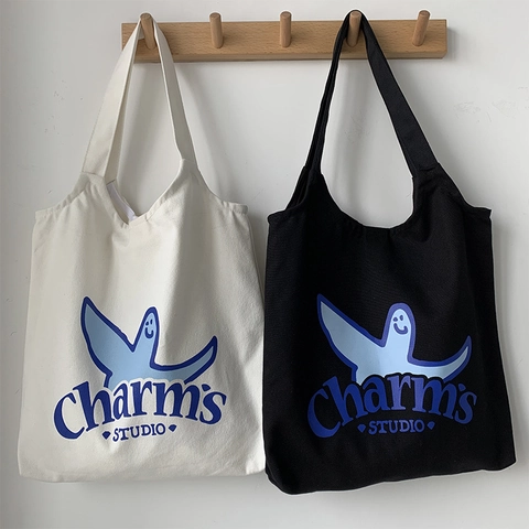 Baumwolle Canvas Tragetasche Cartoon Druck Große Kapazität Lässige Schultertasche Für Reisen Studenten Einkaufen
