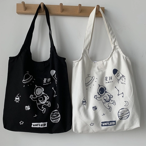 Astronaut Weltraum Planet Druck Leinwand Einkaufstasche Große Kapazität Harajuku Student Schultertasche Magnetverschluss UNFLUID