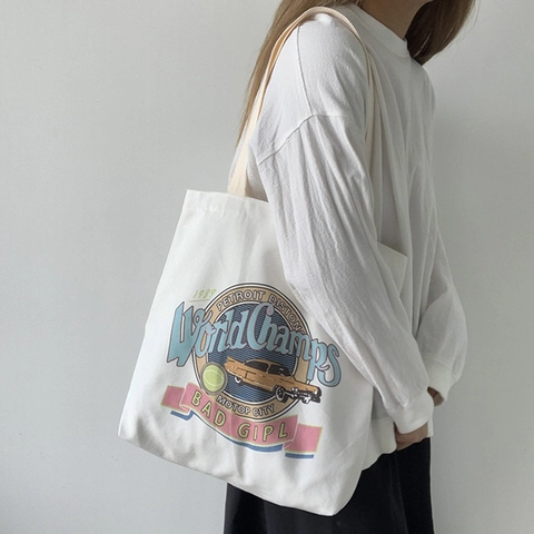 Canvas Tote Bag Dames Grote Capaciteit Ritssluiting Vintage Amerikaanse Print Schoudertas Casual School Student Shopper