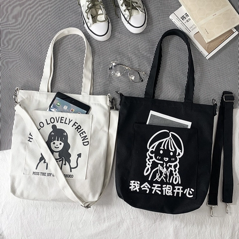 Canvas Crossbody Tas Dames Cartoon Meisje Print Brief Grafische Tote Schoudertas Casual Student Stijl Rits Sluiting