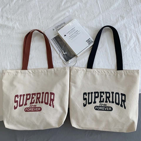 Vintage Canvas Tote Bag Large Capacity American Letter Print Zipper Closure Shoulder Handbag For Students Travel Daily