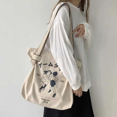 Sac Fourre-tout Vintage En Toile Grande Capacité Style Japonais Imprimé Sac À Main Épaule Pour Voyage Yoga Quotidien Femmes