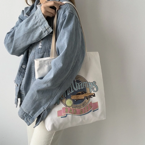 Canvas Tote Bag Dames Grote Capaciteit Ritssluiting Vintage Amerikaanse Print Schoudertas Casual School Student Shopper