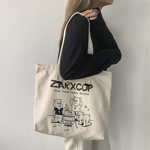 Borsa Tote In Tela Da Donna Grande Capacità Chiusura Con Cerniera Retrò Giapponese Stampa Panda Cartone Animato Per Studenti