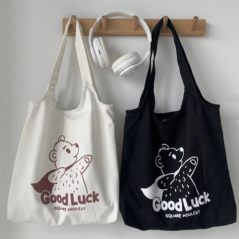 Leinwand Tragetasche Cartoon Bär Druck Große Kapazität Reißverschluss Schulter Handtasche Lässiger Japanischer Stil
