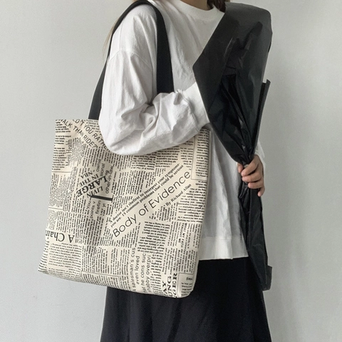 Borsa Tote In Tela Con Stampa Di Giornale Vintage Borsa A Spalla Di Grande Capacità Con Cerniera Per Donne Studentesse Casual