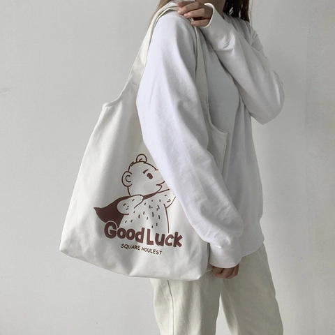 Leinwand Tragetasche Cartoon Bär Druck Große Kapazität Reißverschluss Schulter Handtasche Lässiger Japanischer Stil