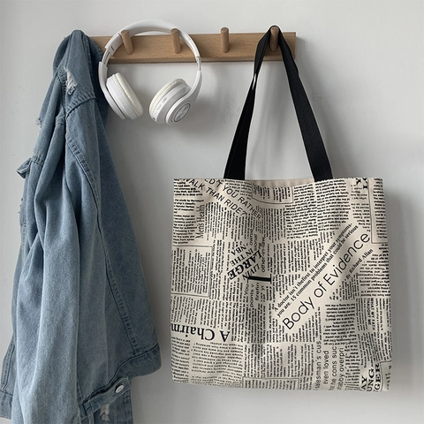 Borsa Tote In Tela Con Stampa Di Giornale Vintage Borsa A Spalla Di Grande Capacità Con Cerniera Per Donne Studentesse Casual