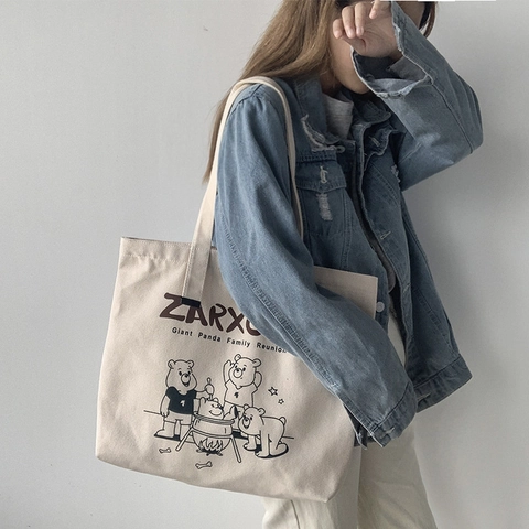 Borsa Tote In Tela Da Donna Grande Capacità Chiusura Con Cerniera Retrò Giapponese Stampa Panda Cartone Animato Per Studenti